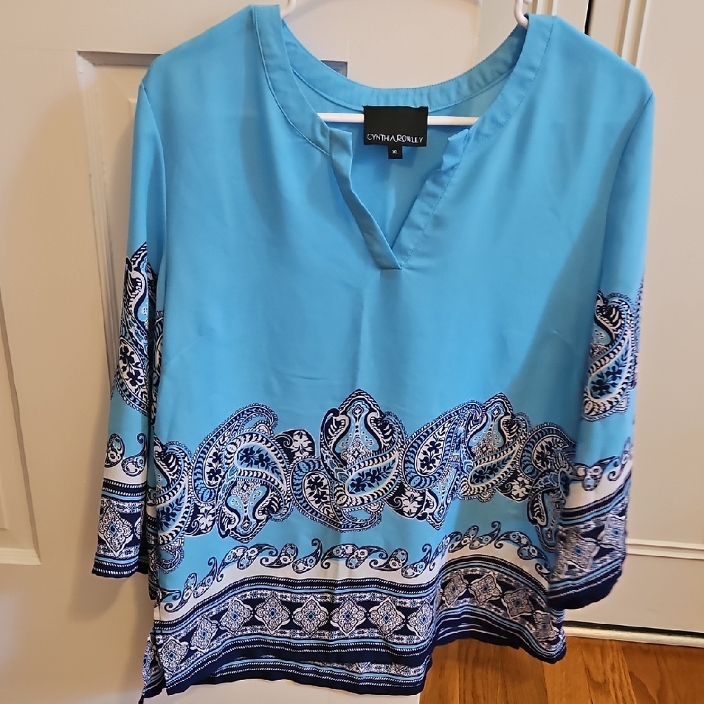 Cynthia Rowley Blue 3/4 Sleeve Tunic with Mandarin Collar